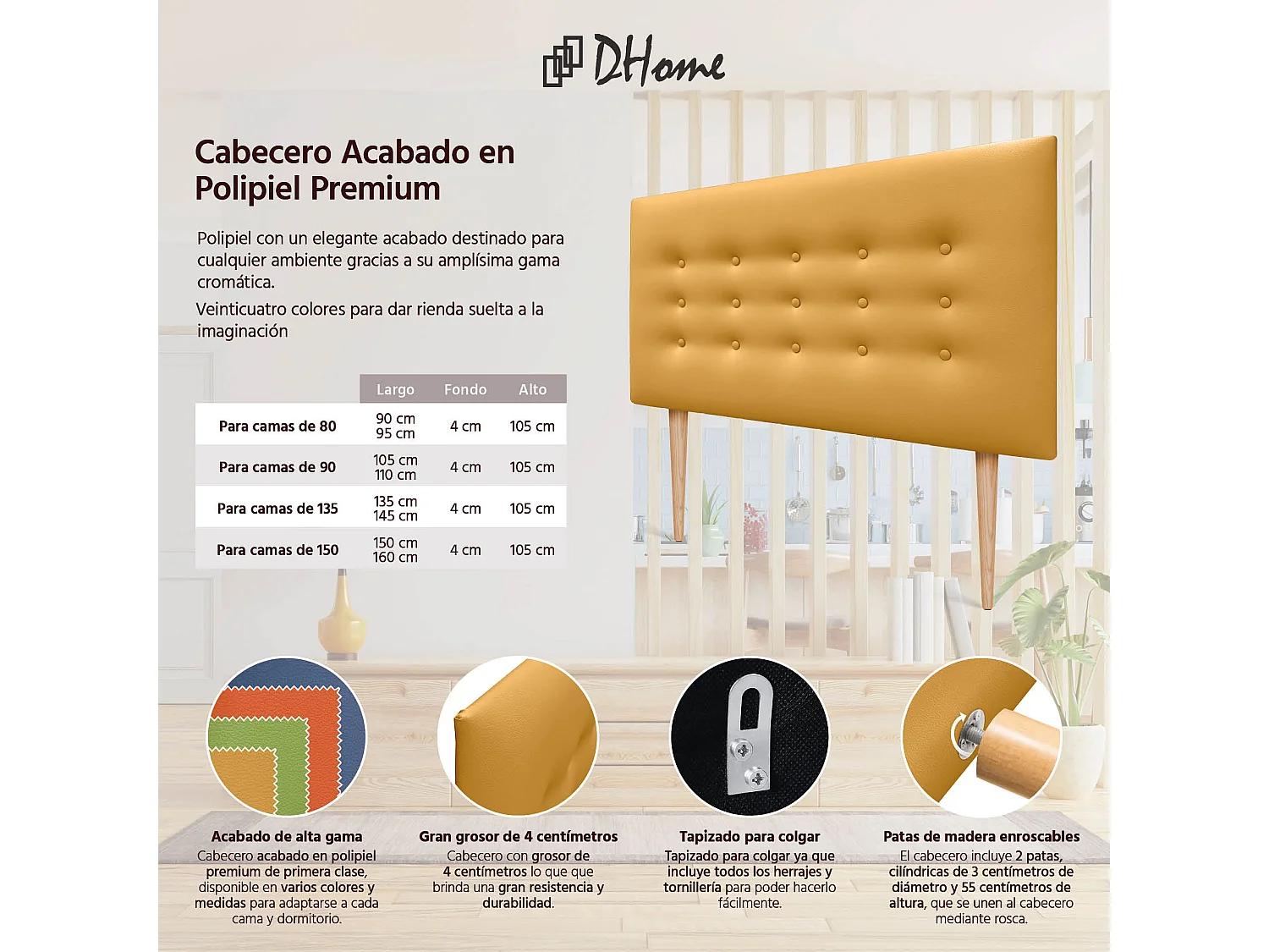 DHOME Kopfteil de Kunstleder mit 3 Knopfreihen und Beinen gepolstertes luxuriöses Bettkopfteil (Mostaza, 95cm)