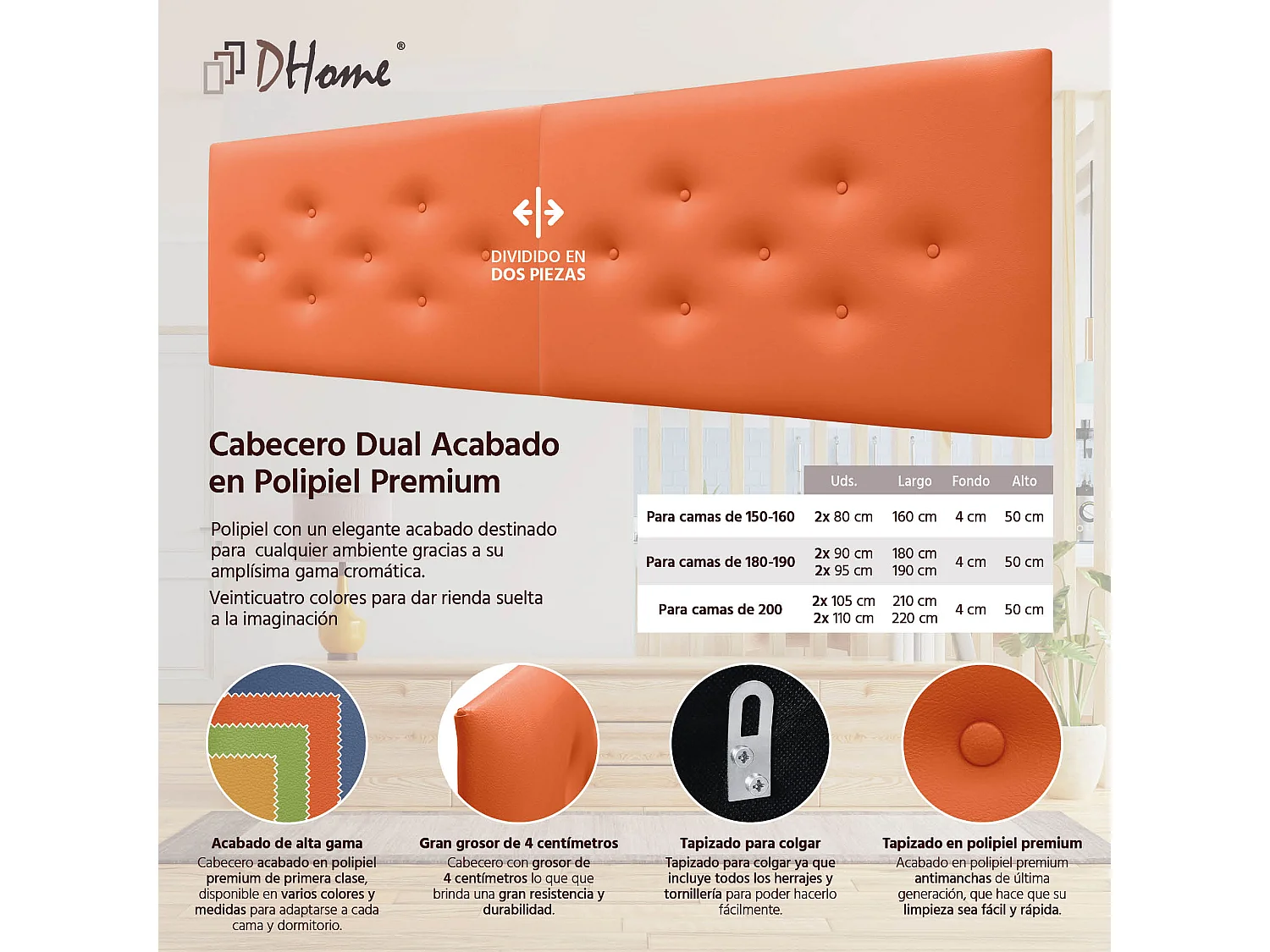 DHOME Tête de Lit en Similicuir avec 3 Rangées de Boutons Entrelacées Tête de Lit Rembourrée de Luxe (Orange, 180cm (2 pièces))