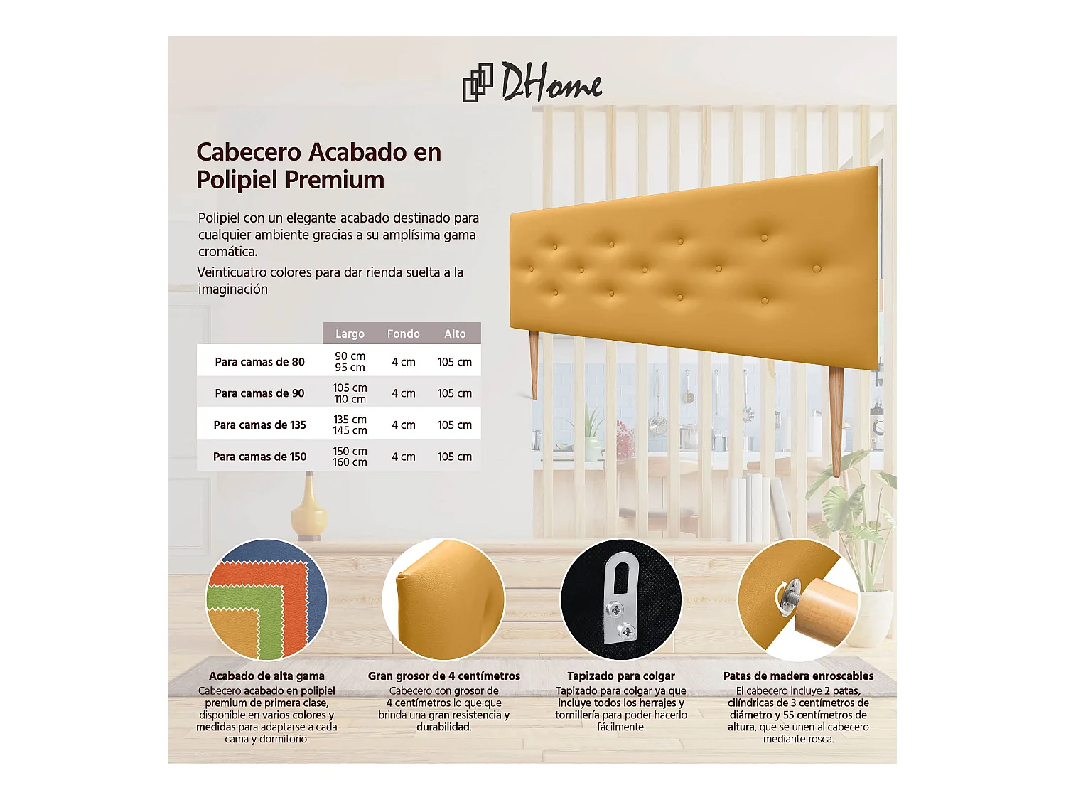 DHOME Tête de lit en simili cuir avec 3 rangées de boutons entrelacés Tête de lit rembourrée pour lit de luxe (Moutarde, 150cm)