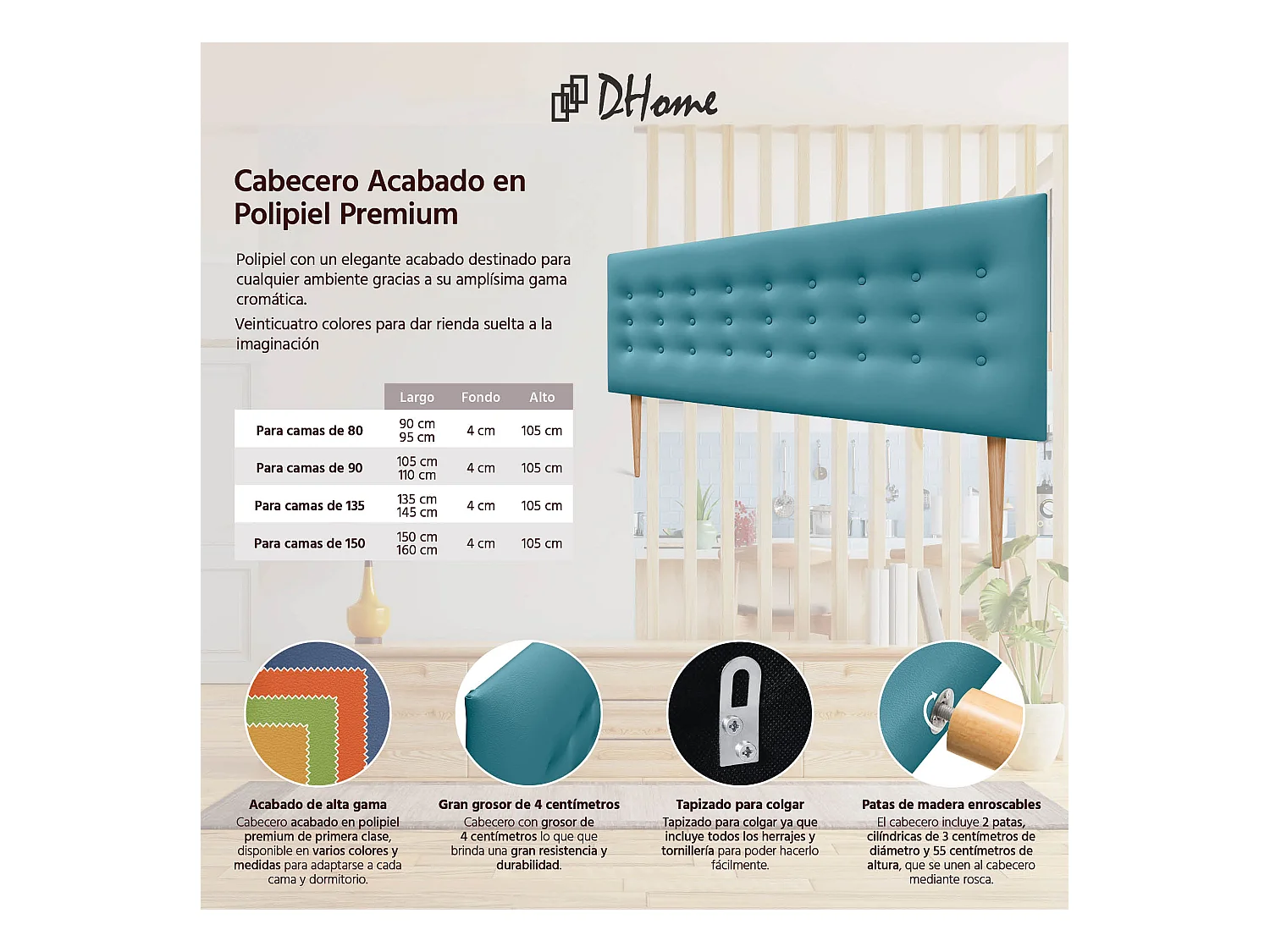 DHOME Tête de lit en simili cuir avec 3 rangées de boutons Tête de lit rembourrée pour lit de luxe (Turquoise, 160cm)