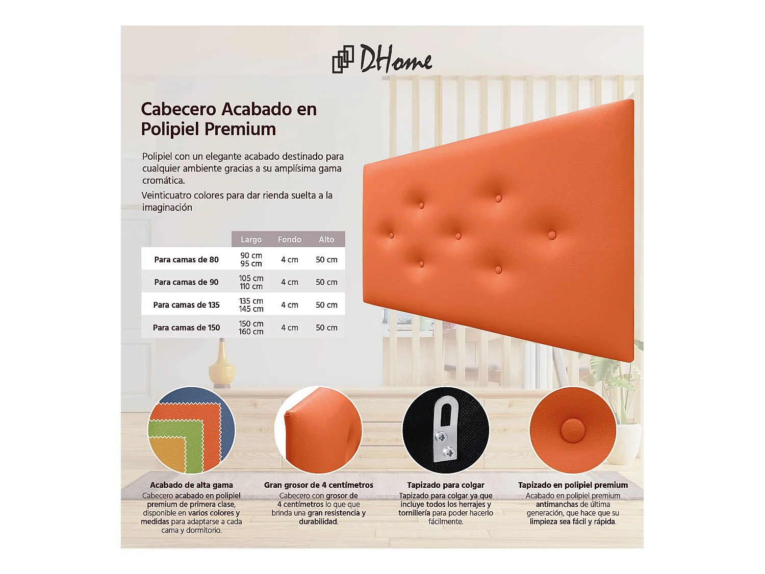 DHOME Tête de Lit en Similicuir avec 3 Rangées de Boutons Entrelacées Tête de Lit Rembourrée de Luxe (Orange, 110cm)