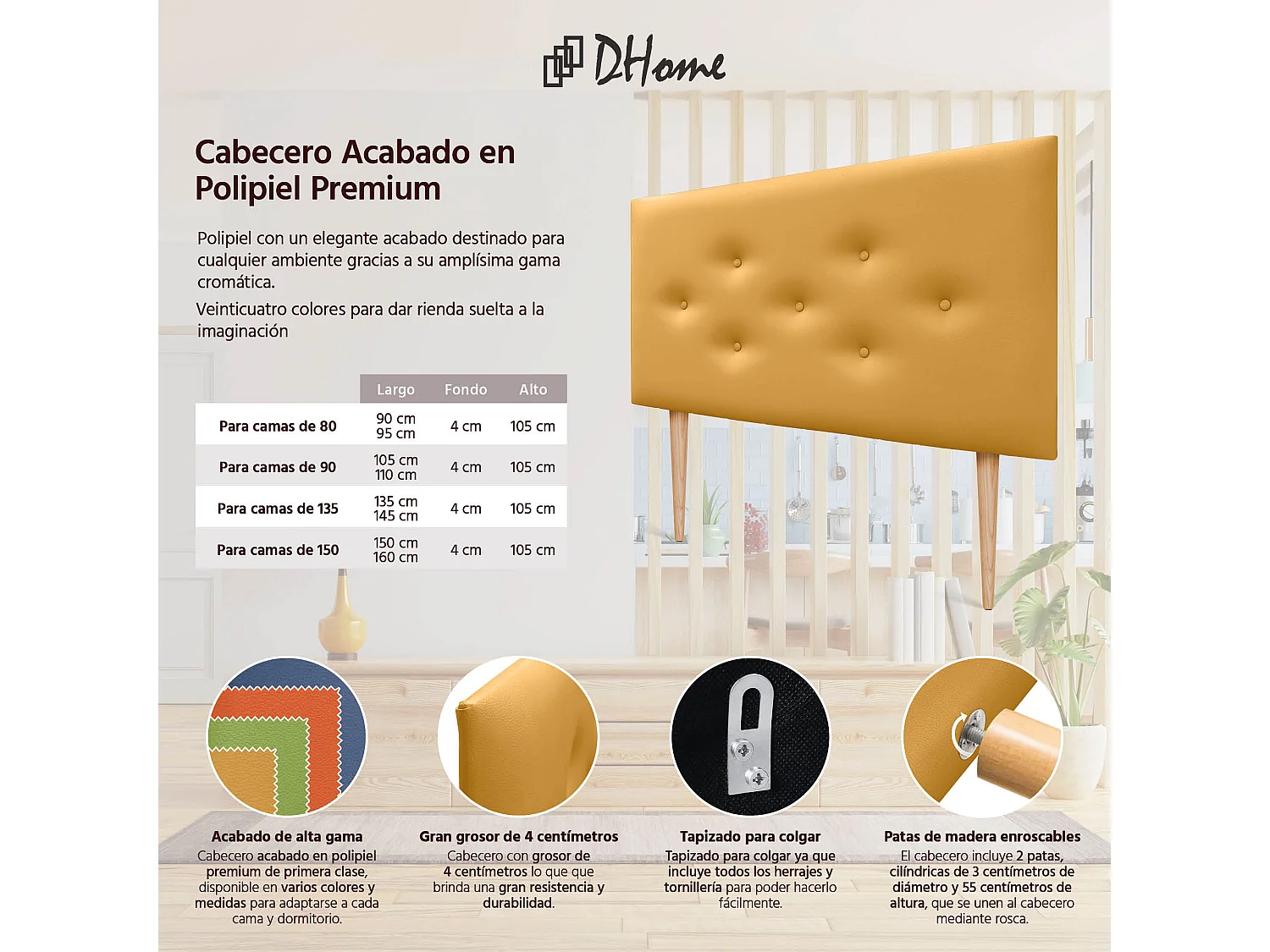 DHOME Tête de lit en simili cuir avec 3 rangées de boutons entrelacés Tête de lit rembourrée pour lit de luxe (Moutarde, 105cm)