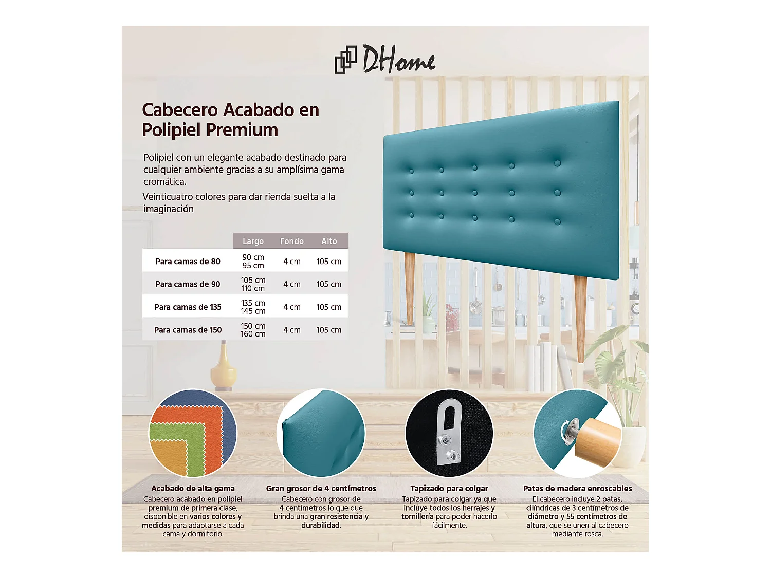 DHOME Tête de lit en simili cuir avec 3 rangées de boutons Tête de lit rembourrée pour lit de luxe (Turquoise, 90cm)