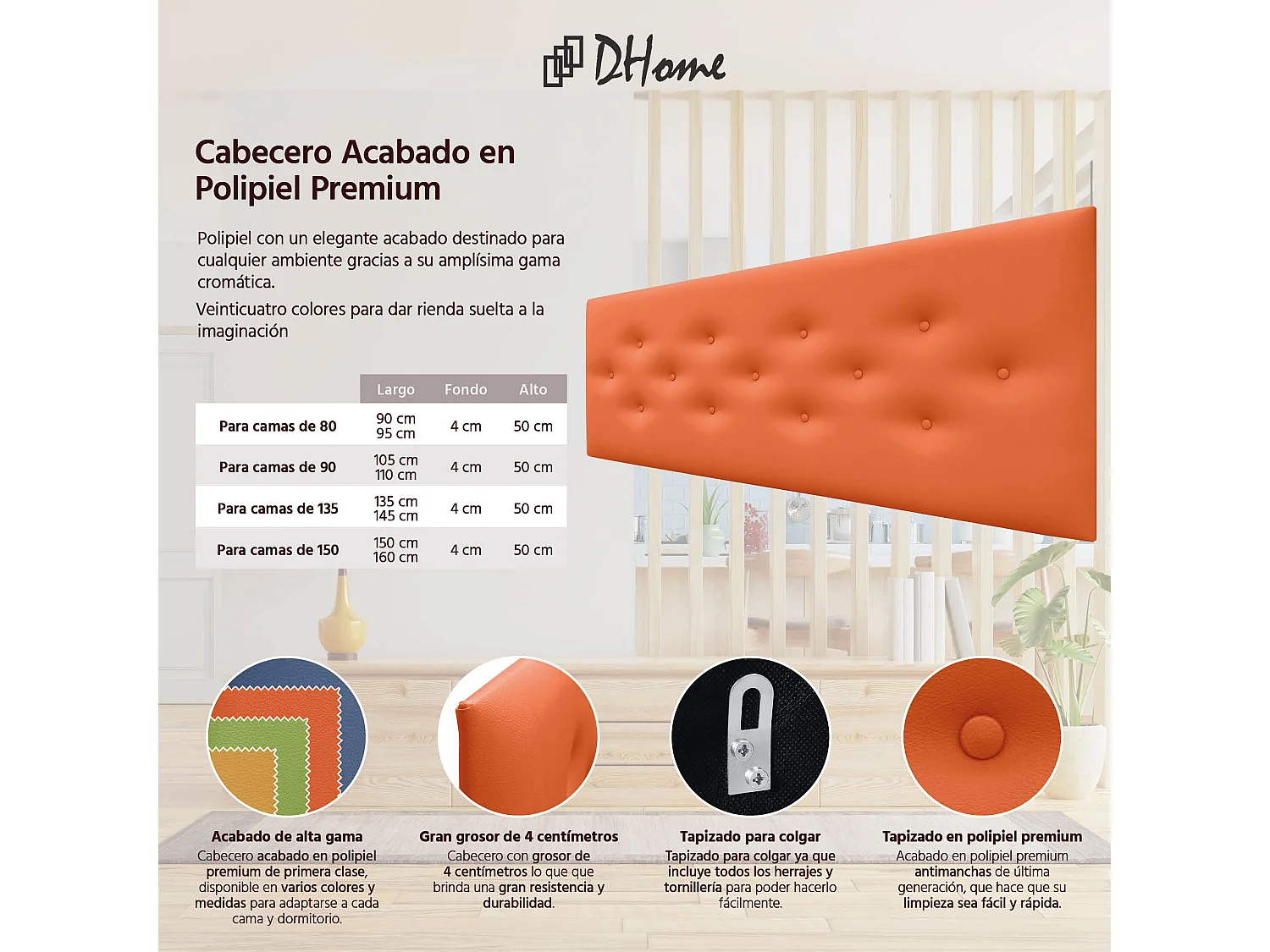 DHOME Tête de Lit en Similicuir avec 3 Rangées de Boutons Entrelacées Tête de Lit Rembourrée de Luxe (Orange, 145cm)