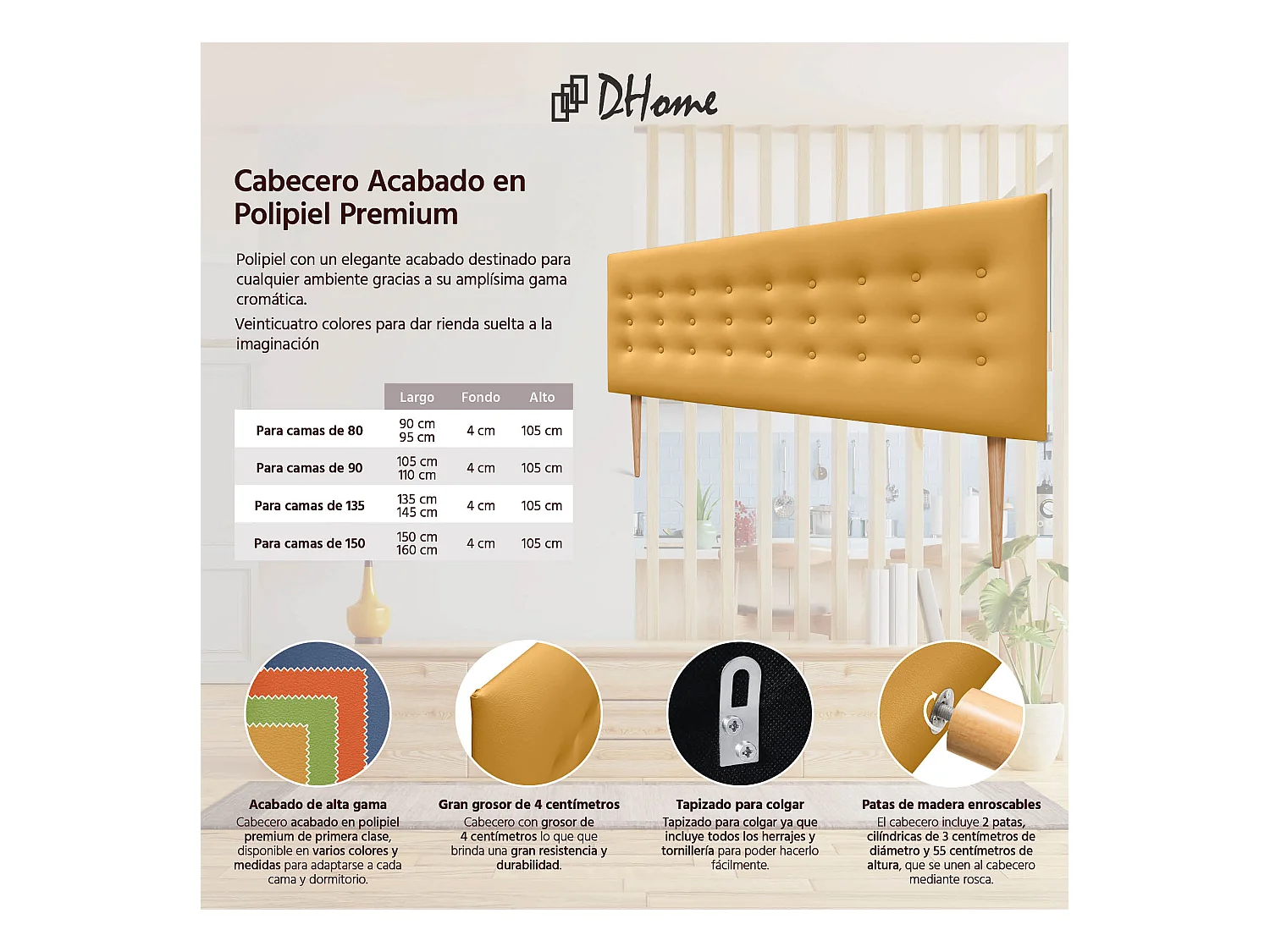 DHOME Testiera in ecopelle con 3 file di bottoni Testiera imbottita per letto di lusso (Senape, 135cm)