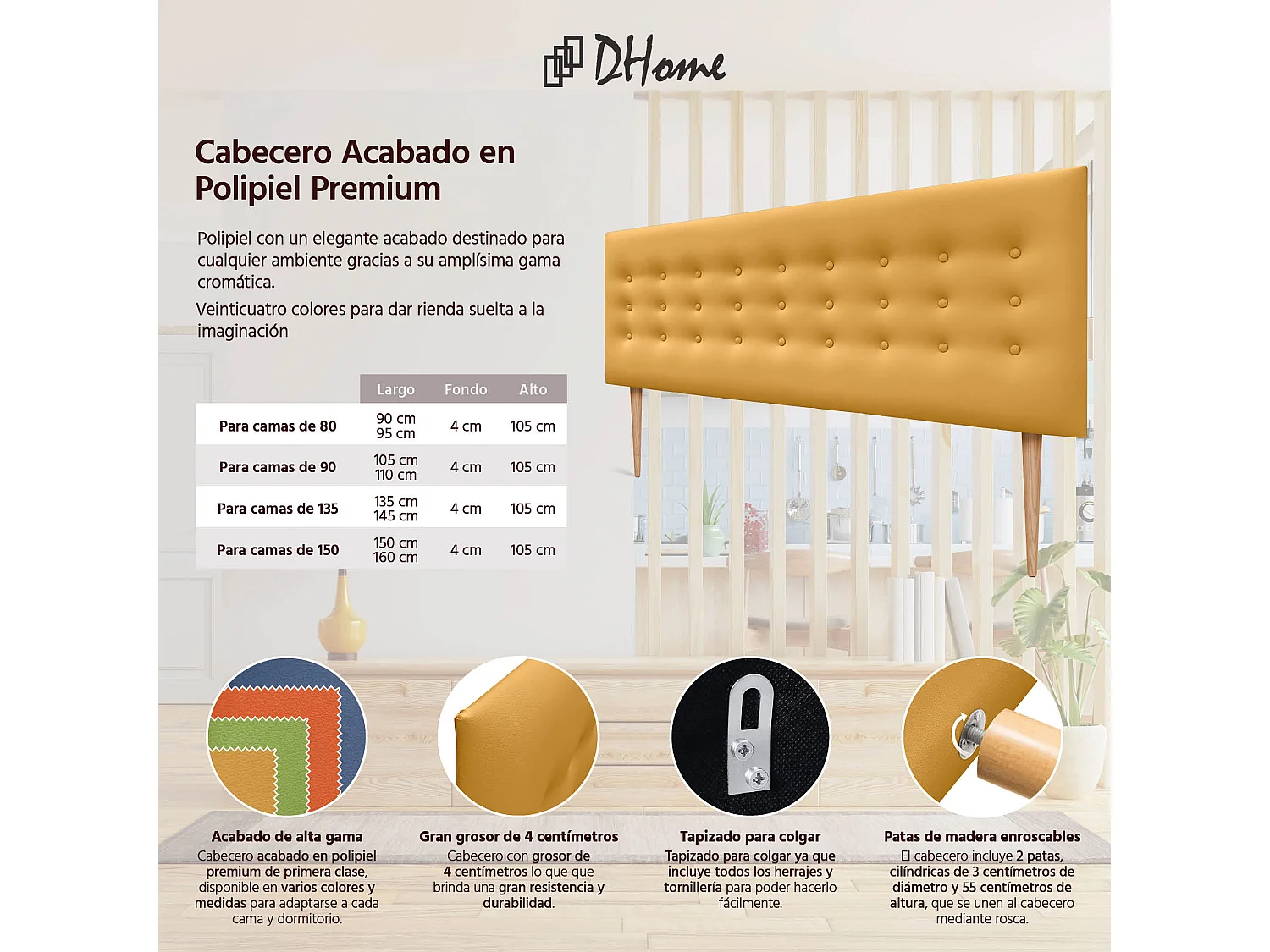 DHOME Hoofdbord de kunstleer met 3 rijen knopen en poten gepolsterd luxe hoofdbord voor bed (Mostaza, 150cm)