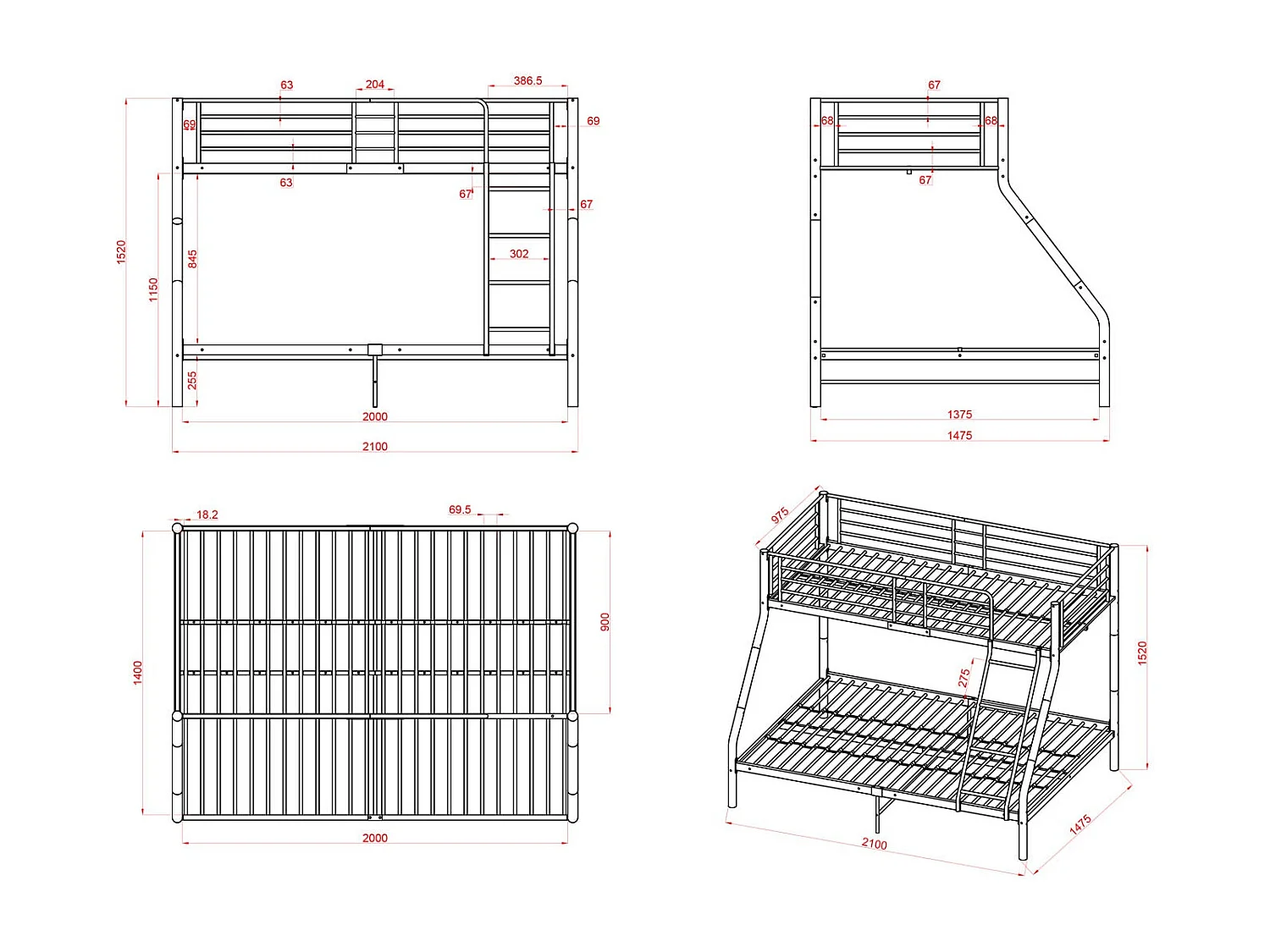 Lits Superposés en Métal avec Échelle - Noir