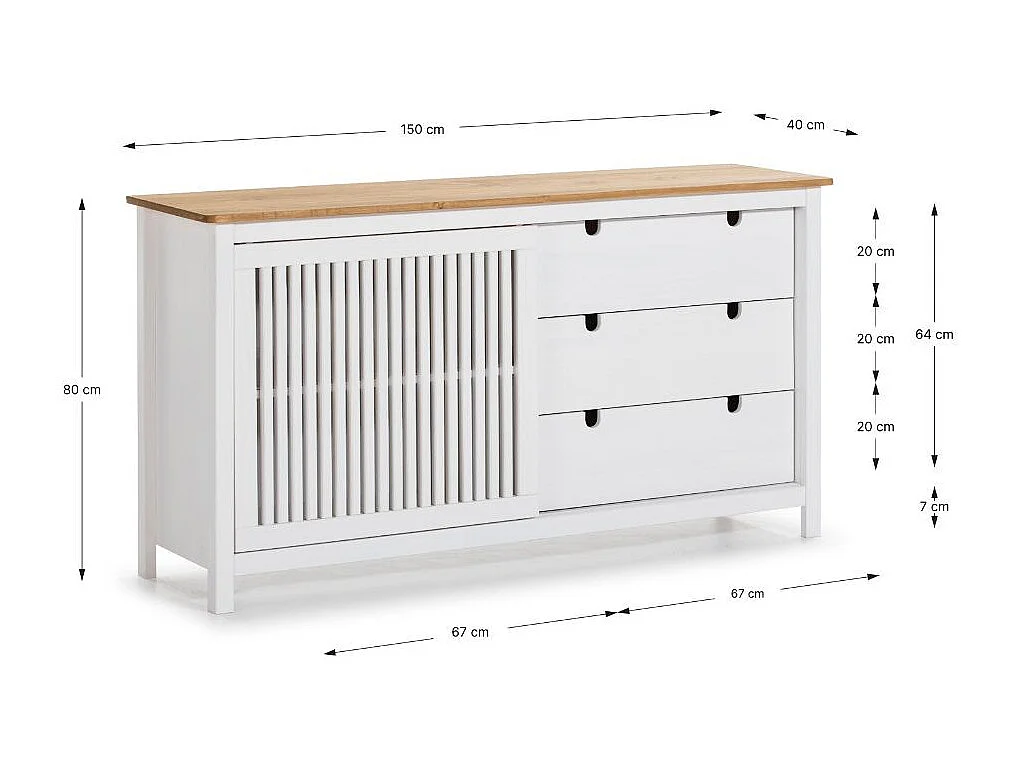 Credenza Bruna in legno massiccio colore bianco e pino 150x40x80H - Anta scorrevole e 3 cassetti