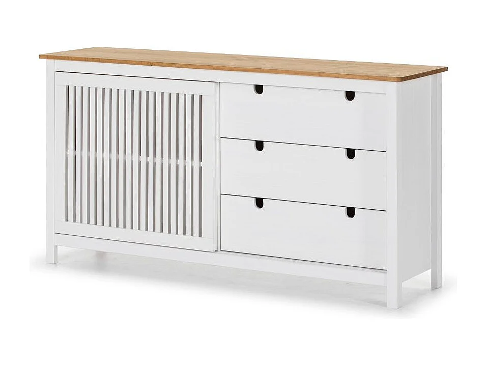 Credenza Bruna in legno massiccio colore bianco e pino 150x40x80H - Anta scorrevole e 3 cassetti