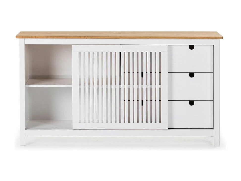 Credenza Bruna in legno massiccio colore bianco e pino 150x40x80H - Anta scorrevole e 3 cassetti