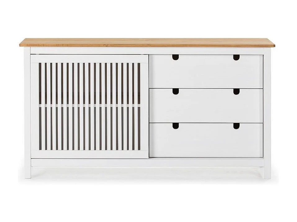 Credenza Bruna in legno massiccio colore bianco e pino 150x40x80H - Anta scorrevole e 3 cassetti