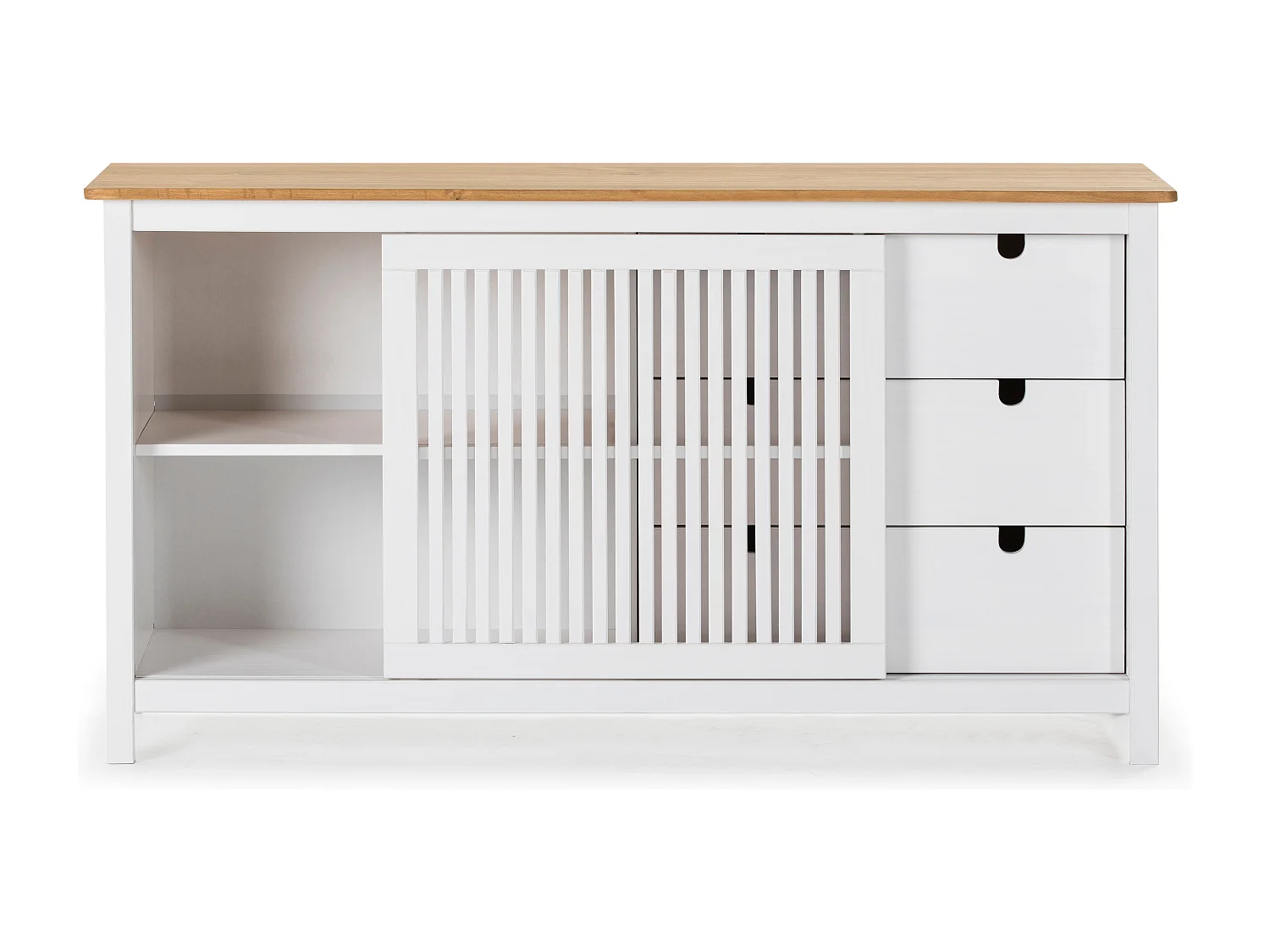 Credenza Bruna in legno massiccio colore bianco e pino 150x40x80H - Anta scorrevole e 3 cassetti