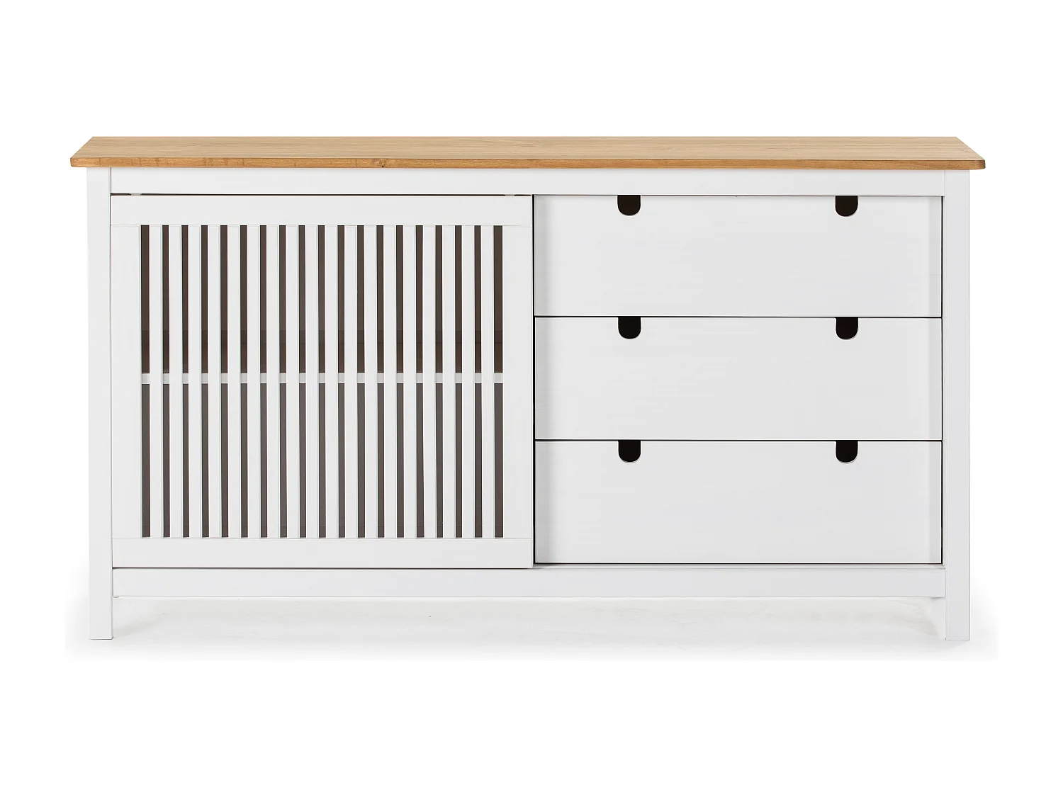 Credenza Bruna in legno massiccio colore bianco e pino 150x40x80H - Anta scorrevole e 3 cassetti