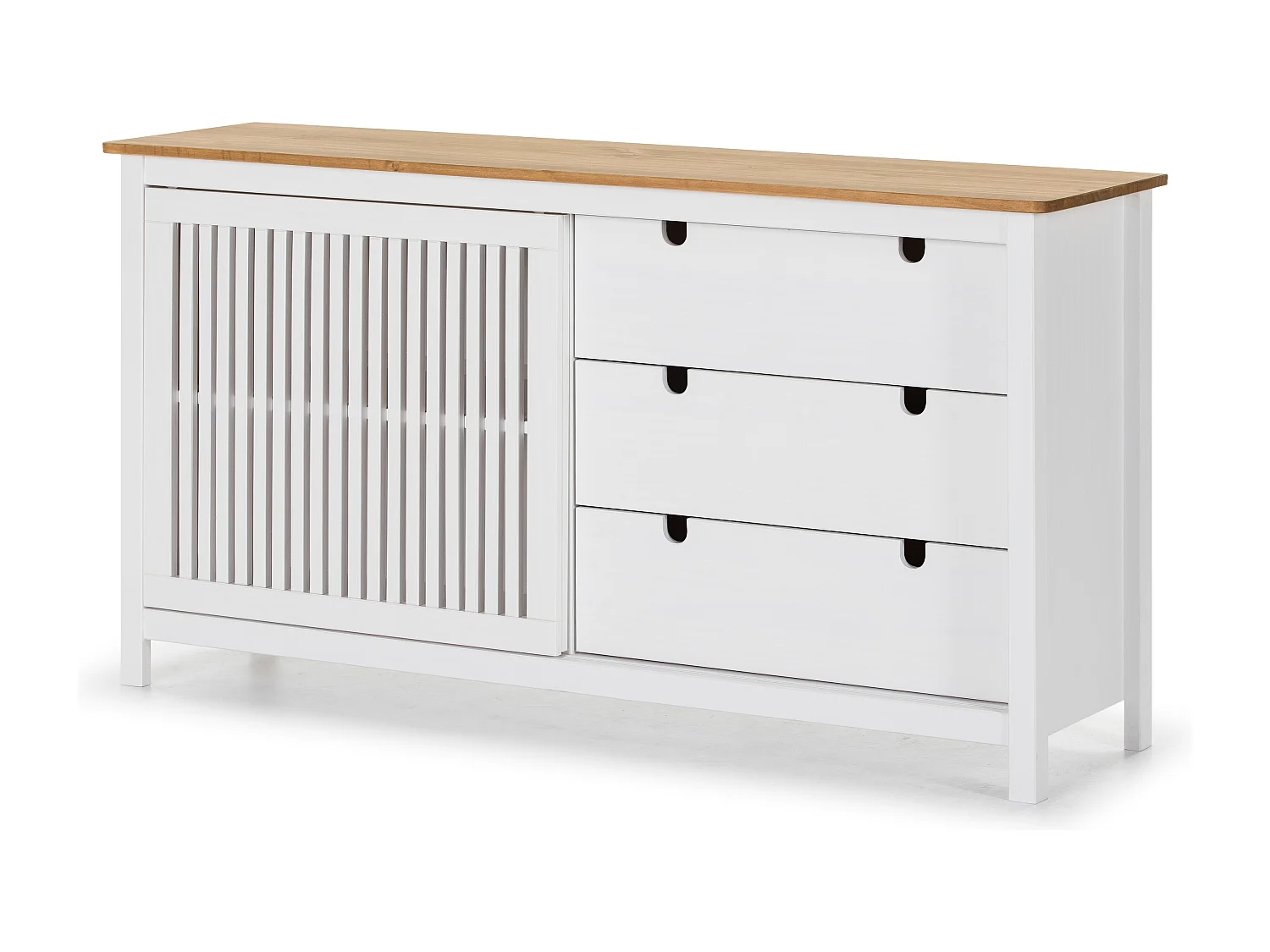 Credenza Bruna in legno massiccio colore bianco e pino 150x40x80H - Anta scorrevole e 3 cassetti