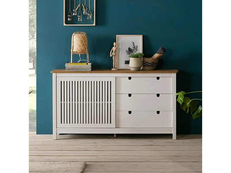 Credenza Bruna in legno massiccio colore bianco e pino 150x40x80H - Anta scorrevole e 3 cassetti
