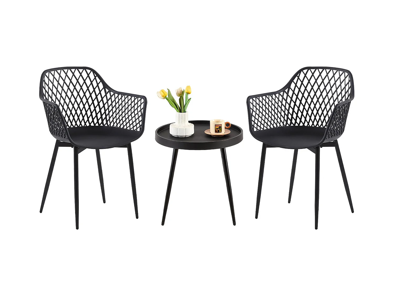 Ensemble table et 2 chaises, fauteuils lounge avec accoudoirs et pieds en métal, chaises de cuisine pour bureau, cuisine, noir