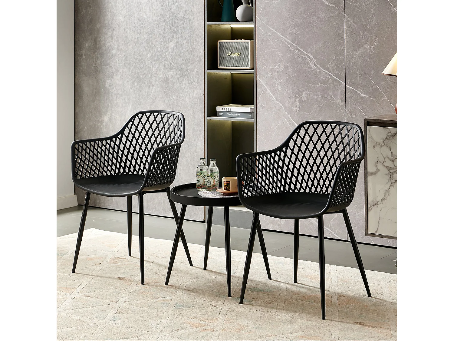 Ensemble table et 2 chaises, fauteuils lounge avec accoudoirs et pieds en métal, chaises de cuisine pour bureau, cuisine, noir