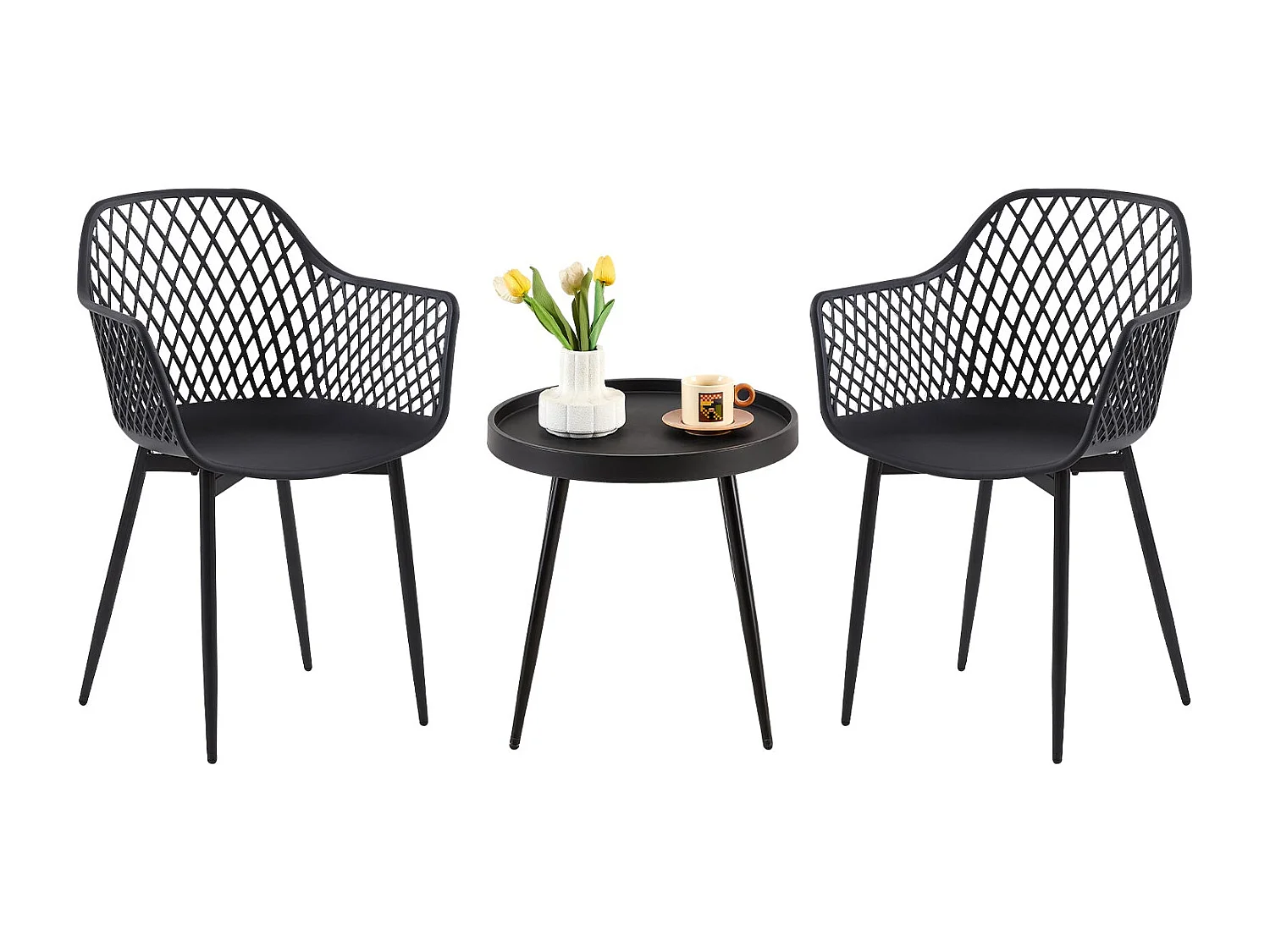 Ensemble table et 2 chaises, fauteuils lounge avec accoudoirs et pieds en métal, chaises de cuisine pour bureau, cuisine, noir