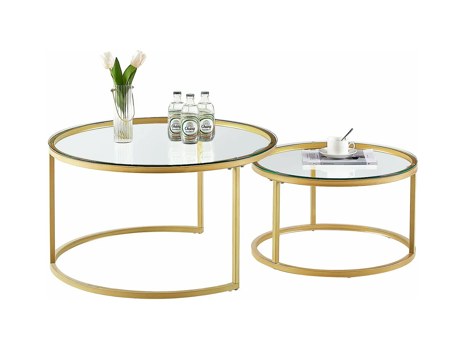 Tables Basses Gigognes Rondes Style Scandinave - Table de Salon - 80 x 45 cm et 60 x 35 cm - Plateau en Verre, Pieds en Métal Doré