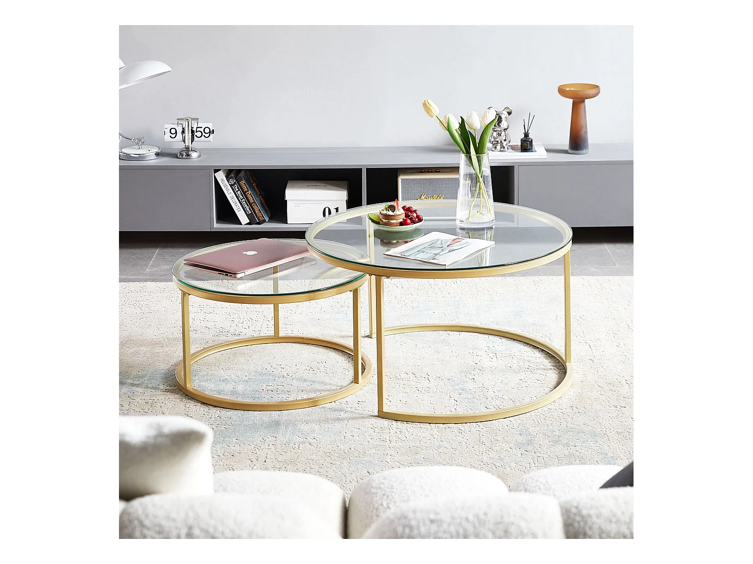 Tables Basses Gigognes Rondes Style Scandinave - Table de Salon - 80 x 45 cm et 60 x 35 cm - Plateau en Verre, Pieds en Métal Doré