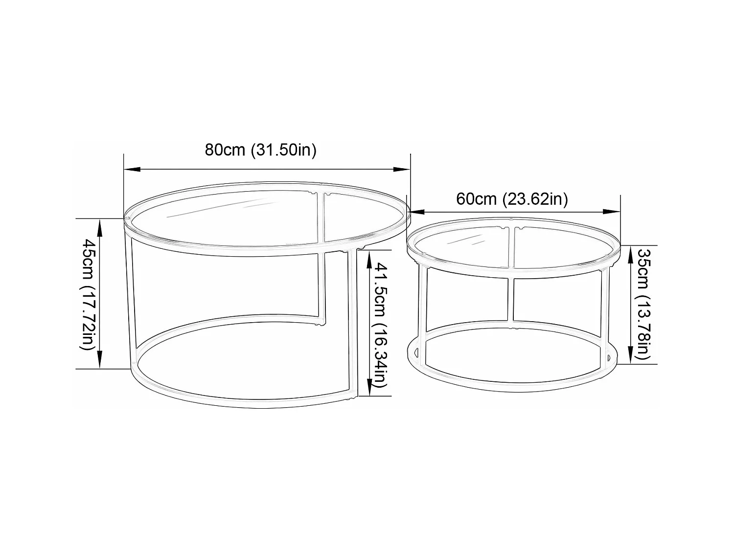 Tables Basses Gigognes Rondes Style Scandinave - Table de Salon - 80 x 45 cm et 60 x 35 cm - Plateau en Verre, Pieds en Métal Doré