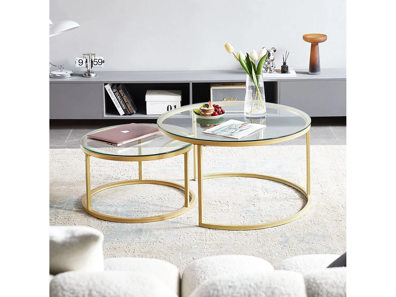 Tables Basses Gigognes Rondes Style Scandinave - Table de Salon - 80 x 45 cm et 60 x 35 cm - Plateau en Verre, Pieds en Métal Doré