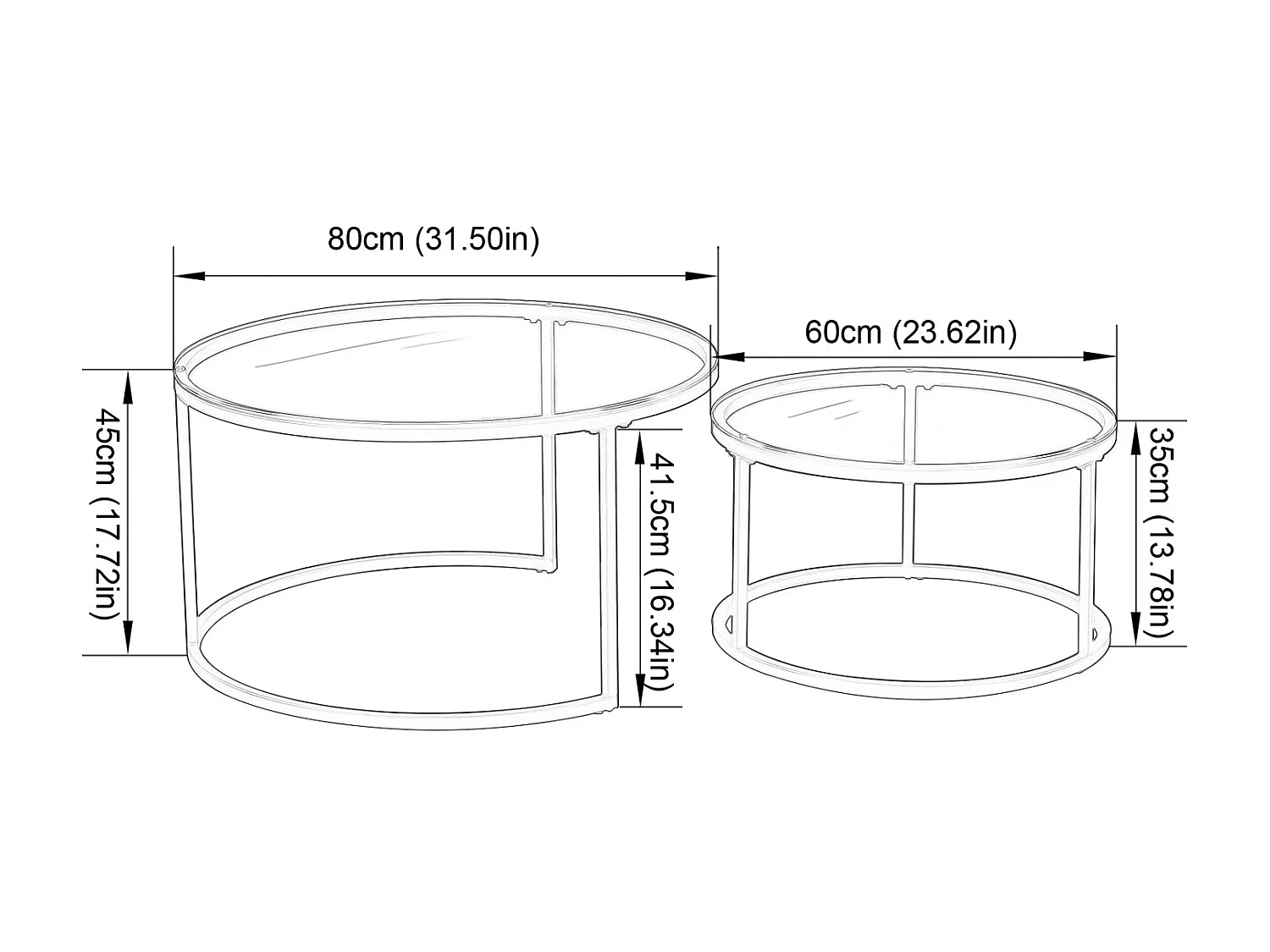 Tables Basses Gigognes Rondes Style Scandinave - Table de Salon - 80 x 45 cm et 60 x 35 cm - Plateau en Verre, Pieds en Métal Doré