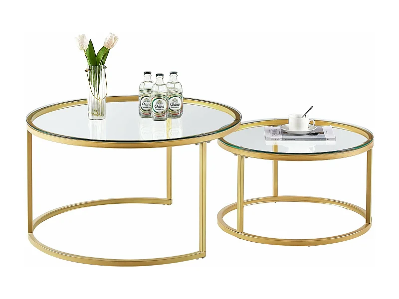 Tables Basses Gigognes Rondes Style Scandinave - Table de Salon - 80 x 45 cm et 60 x 35 cm - Plateau en Verre, Pieds en Métal Doré