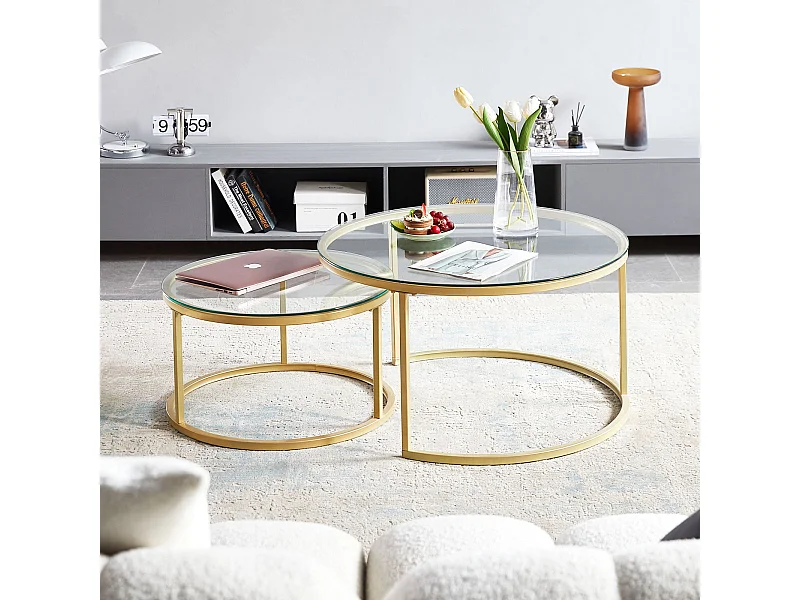 Tables Basses Gigognes Rondes Style Scandinave - Table de Salon - 80 x 45 cm et 60 x 35 cm - Plateau en Verre, Pieds en Métal Doré