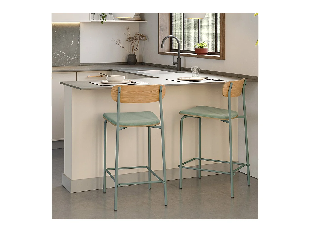 Lot de 2 tabourets de bar en tissu aigue-marine et effet bois - Svala