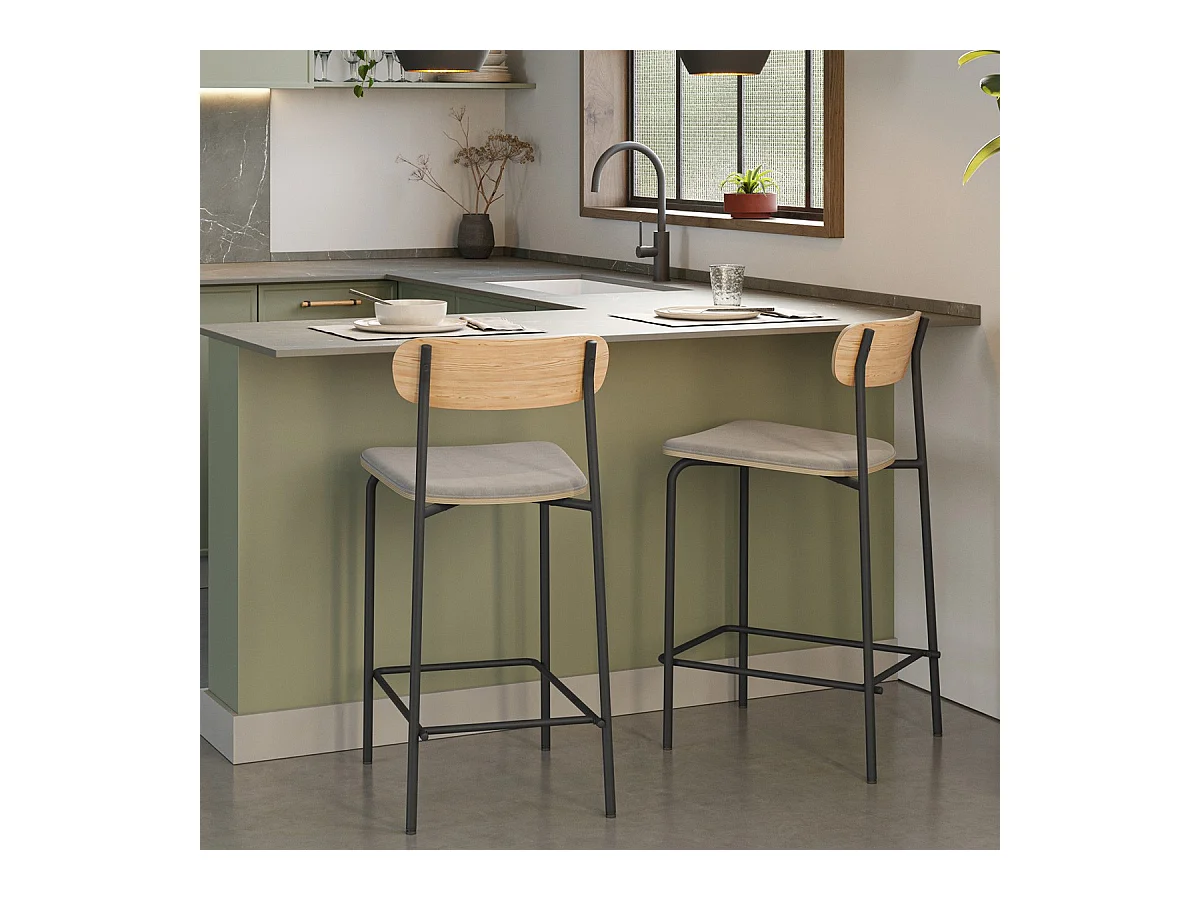 Lot de 2 tabourets de bar en tissu taupe et effet bois - Svala