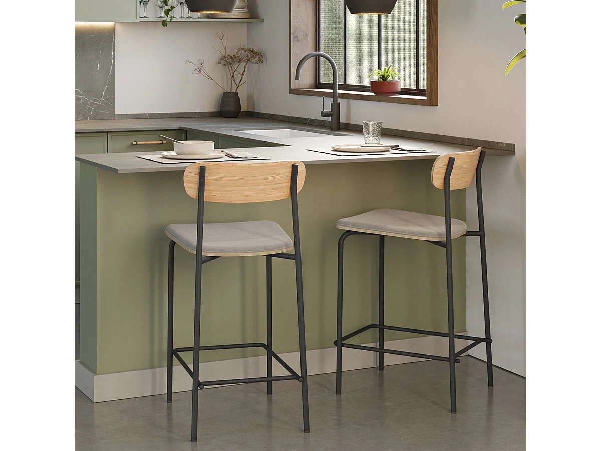 Lot de 2 tabourets de bar en tissu taupe et effet bois - Svala