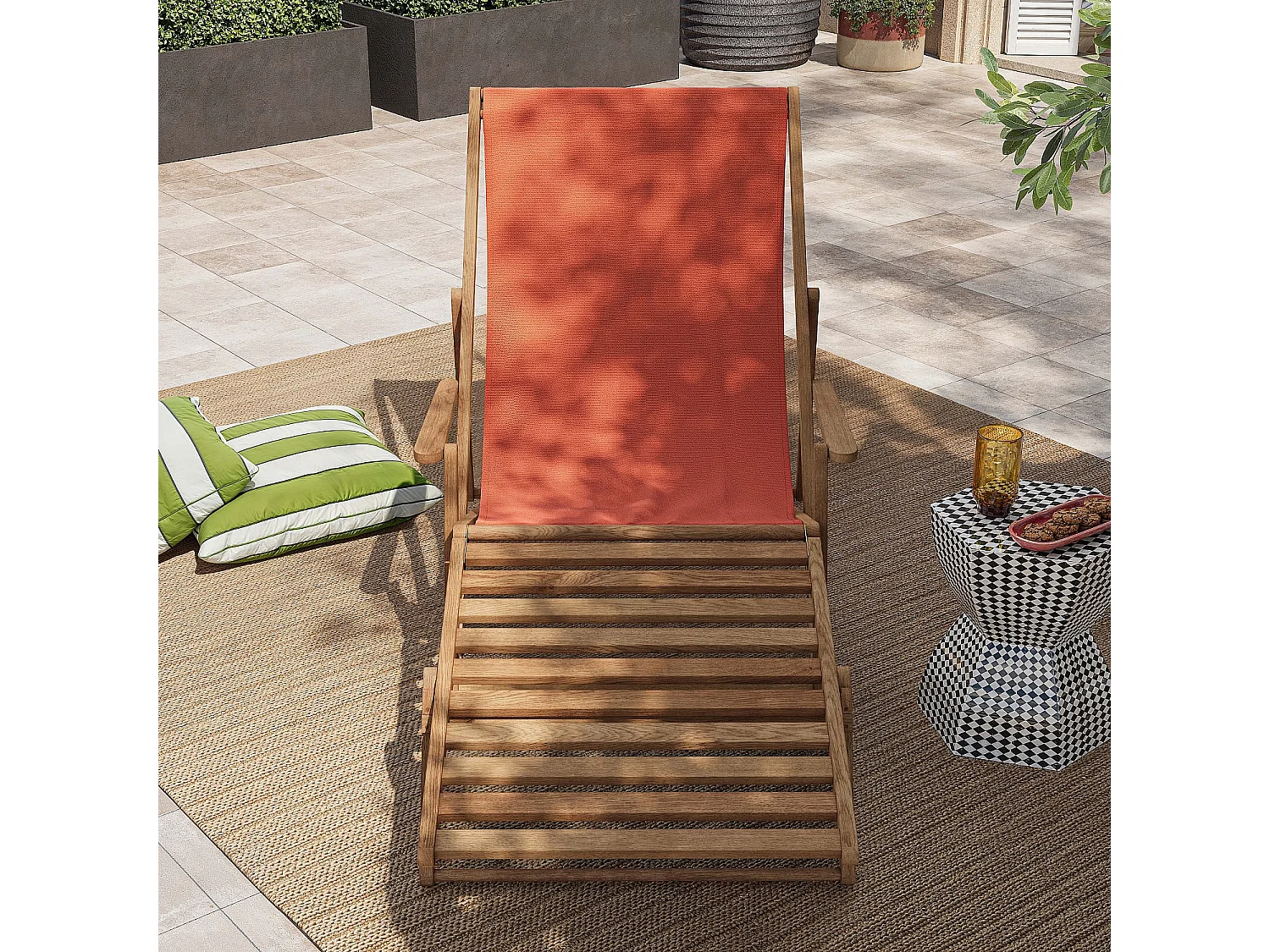 Habitat - Chilienne en chêne avec accoudoirs et toile en coton avec repose-pieds - Orange brique - Maui