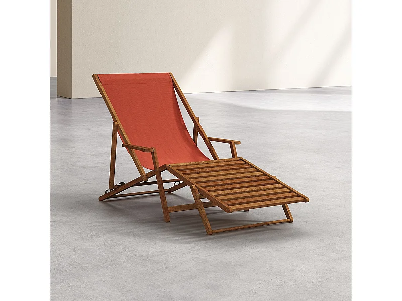 Habitat - Chilienne en chêne avec accoudoirs et toile en coton avec repose-pieds - Orange brique - Maui