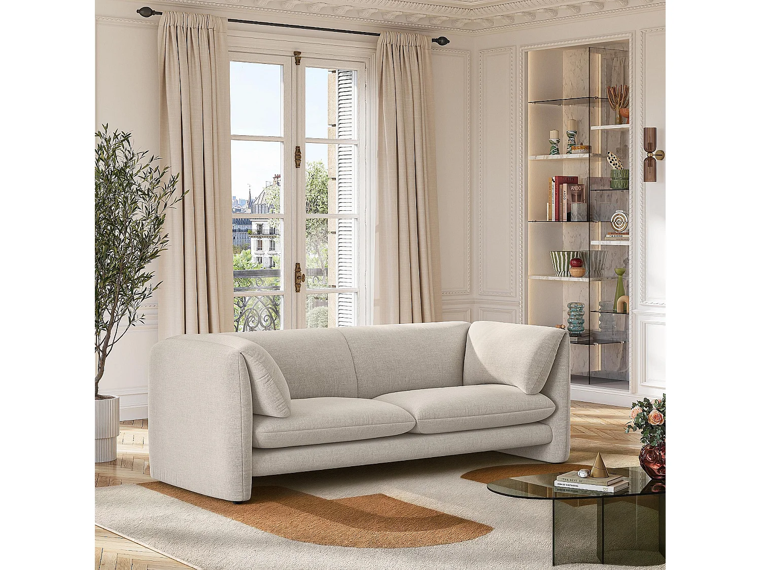 Canapé 3 places en tissu avec dossier garni de plumes - Beige