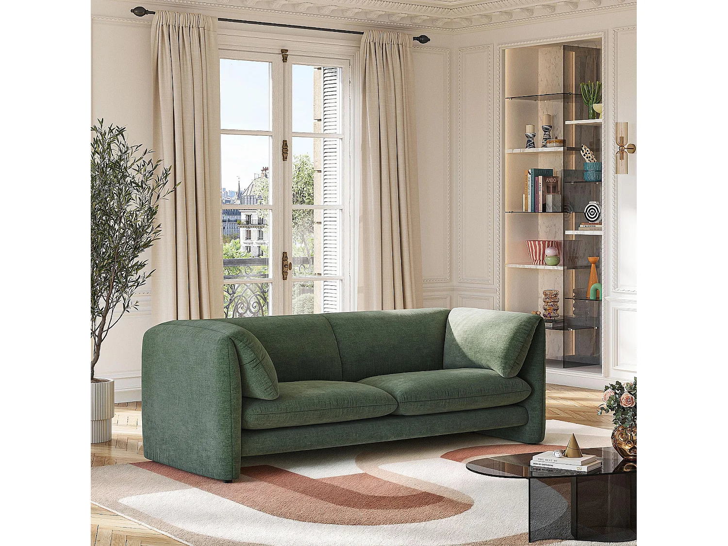 Canapé 3 places en tissu avec dossier garni de plumes - Vert kaki