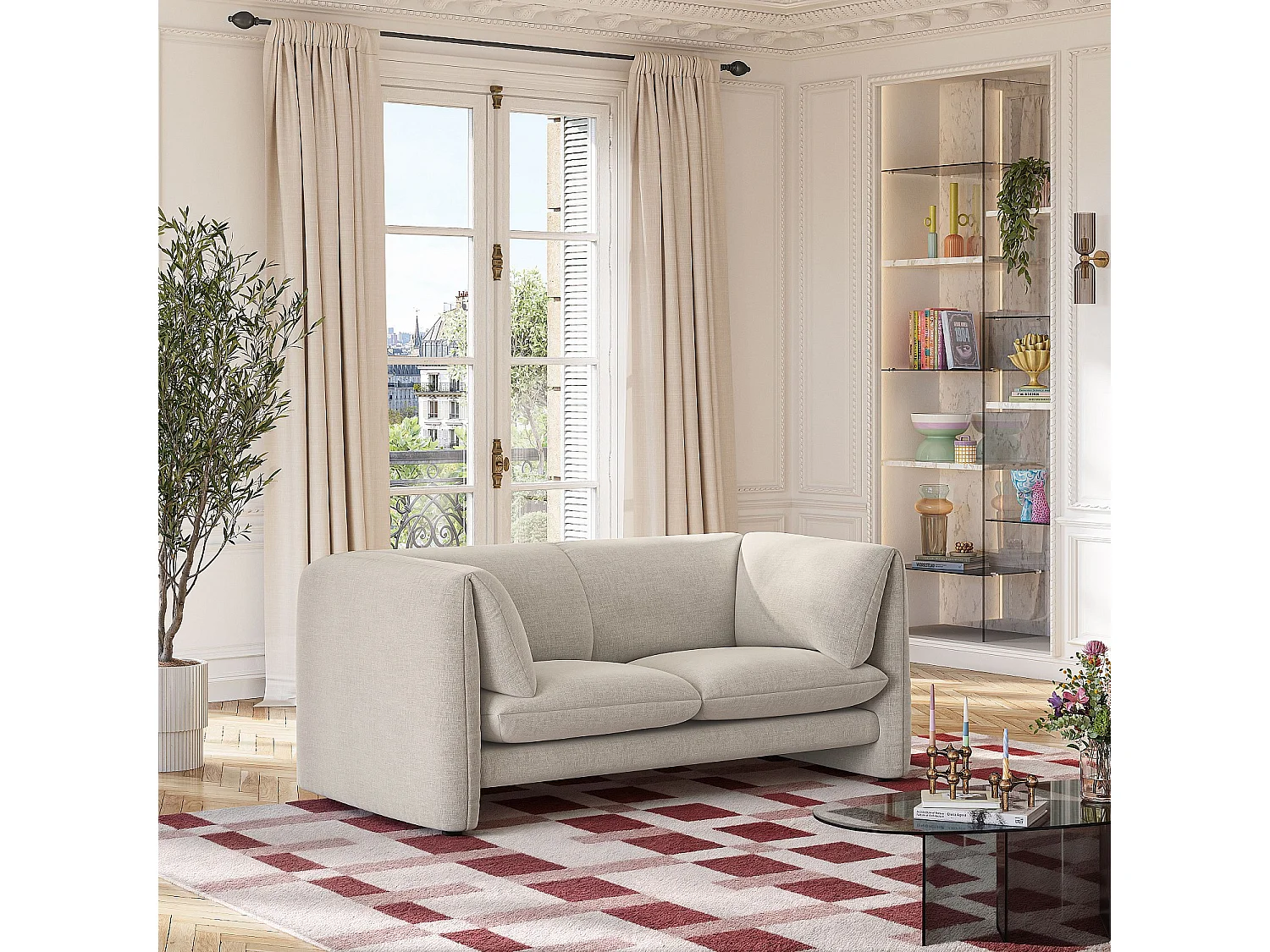 Canapé 2 places en tissu avec dossier garni de plumes - Beige