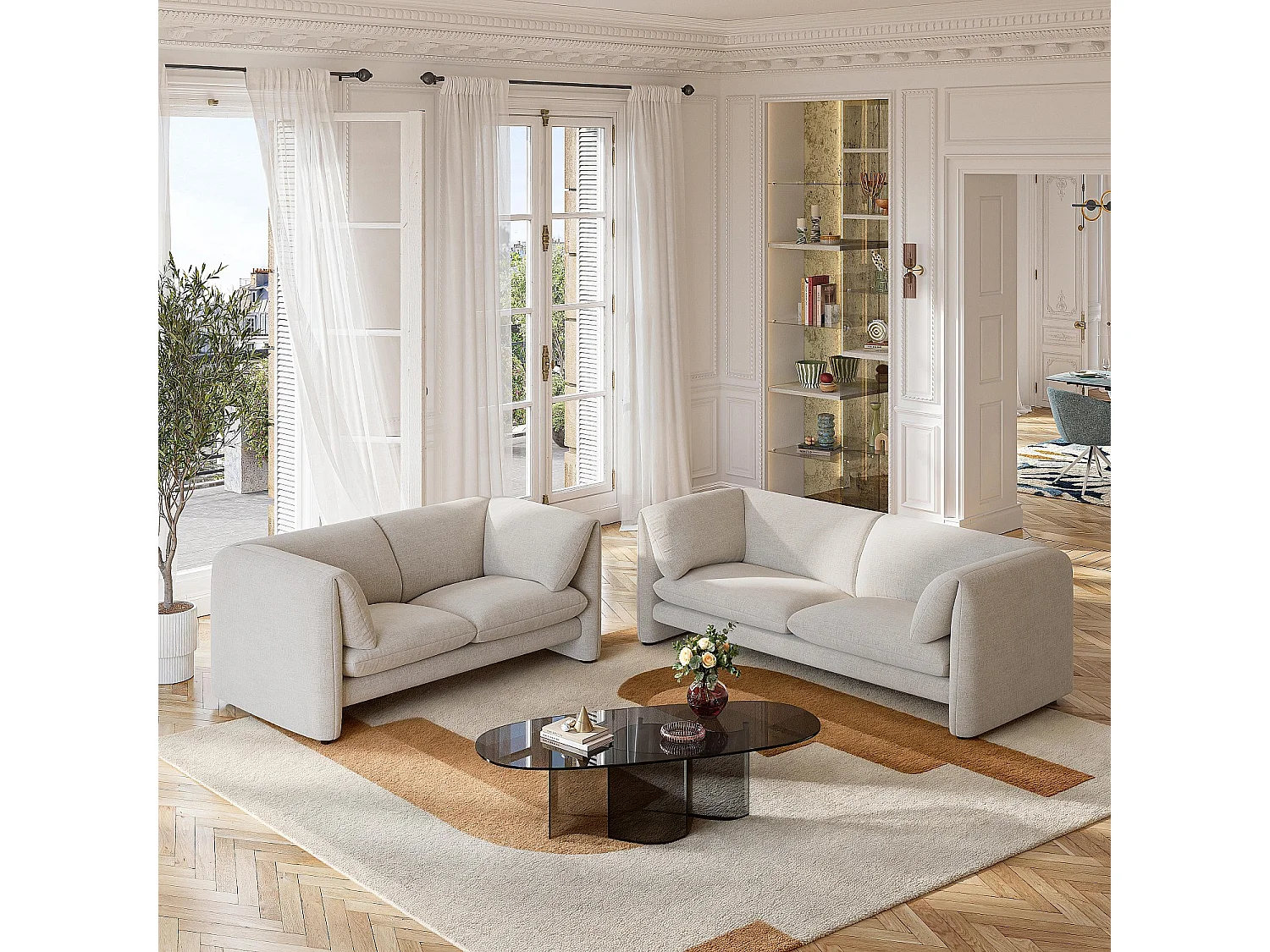 Canapé 2 places en tissu avec dossier garni de plumes - Beige