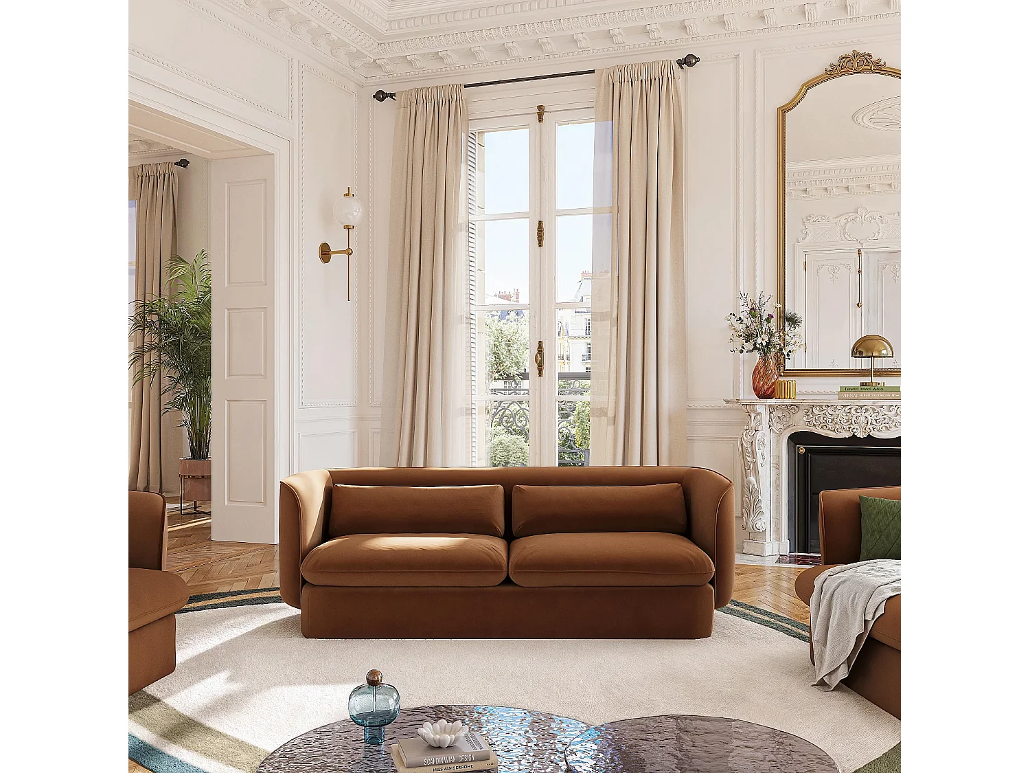 Canapé 3 places en tissu garni de plumes - Terracotta