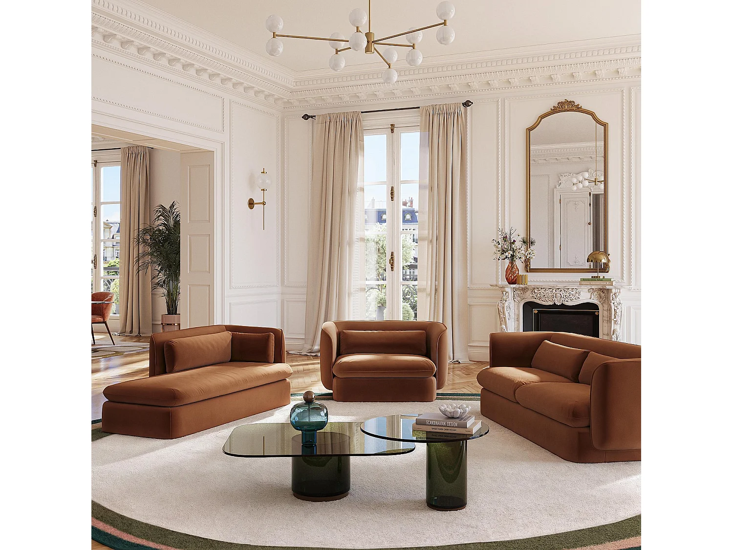 Canapé 3 places en tissu garni de plumes - Terracotta