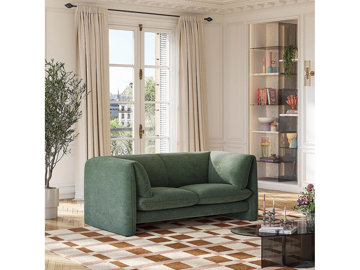 Habitat - Canapé 2 places en tissu avec dossier garni de plumes - Vert kaki - Positano