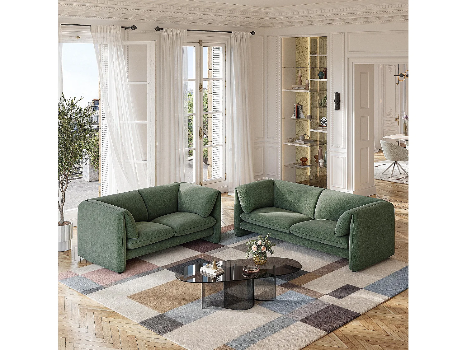 Canapé 2 places en tissu avec dossier garni de plumes - Vert kaki