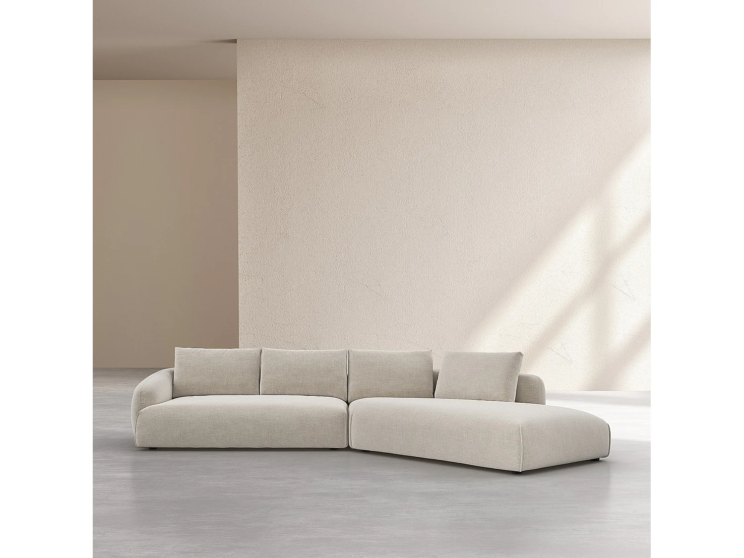Grand canapé d'angle droit en tissu garni de plumes - Beige