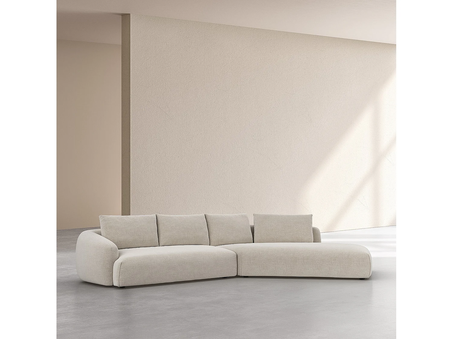 Grand canapé d'angle droit en tissu garni de plumes - Beige