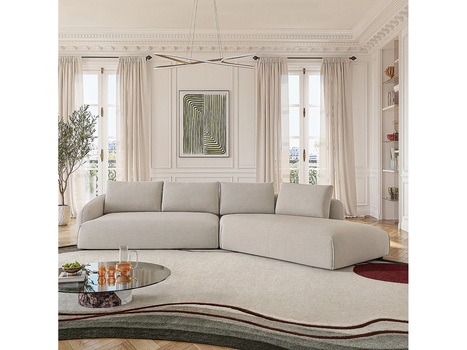 Grand canapé d'angle droit en tissu garni de plumes - Beige