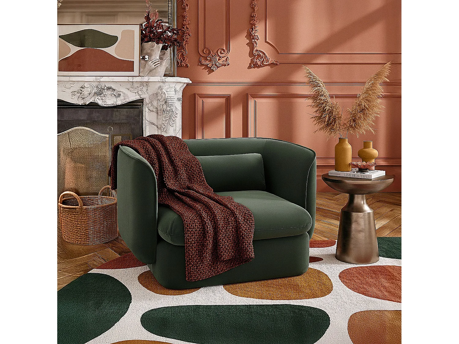 Habitat - Fauteuil en tissu garni de plumes  - Vert kaki - Kalmia