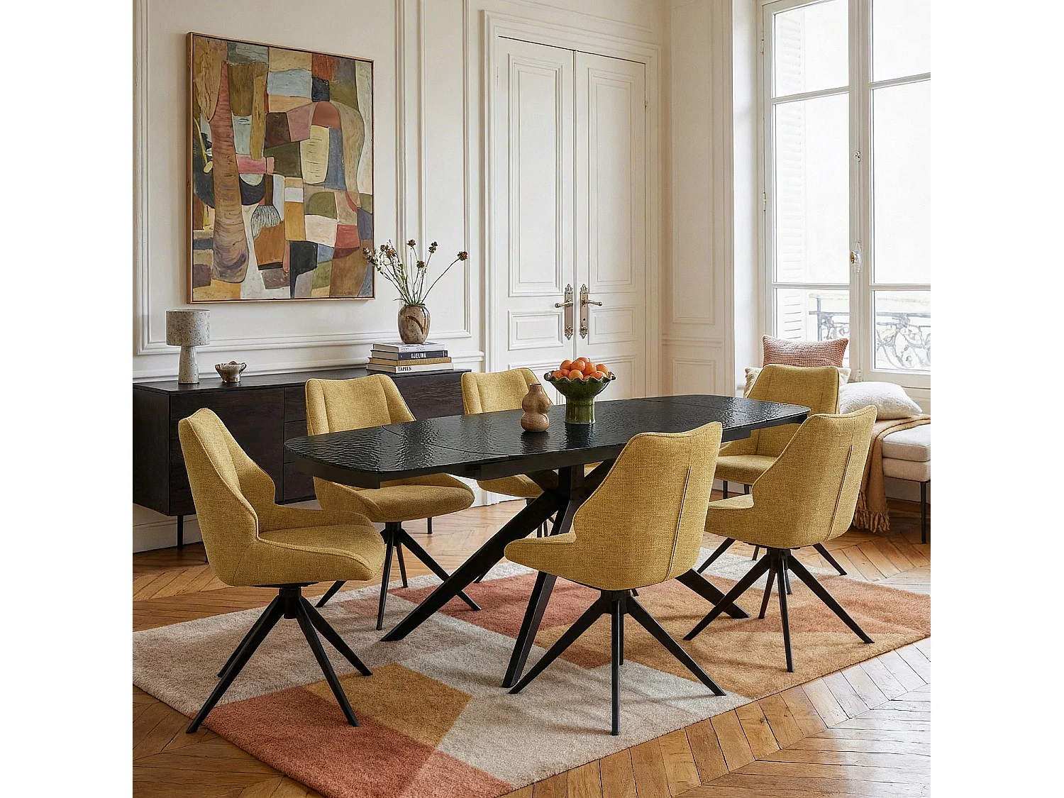 Lot de 2 chaises pivotantes en tissu chenille et métal noir - Miel