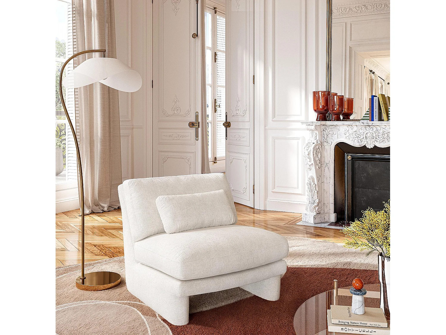 Fauteuil en tissu garni de plumes - Blanc