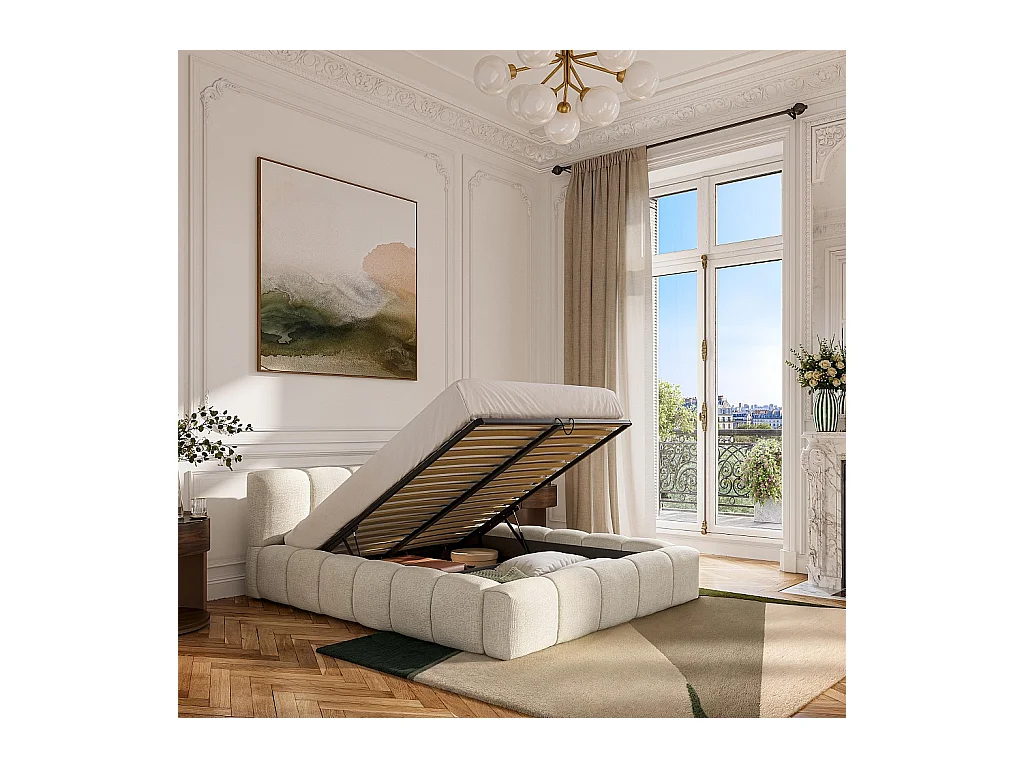 Habitat - Lit coffre 160 x 200 cm en tissu chenille - Crème - Setana