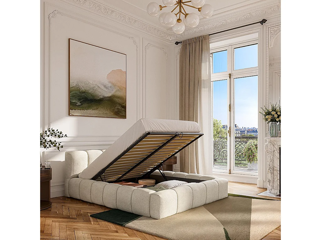 Habitat - Lit coffre 160 x 200 cm en tissu chenille - Crème - Setana